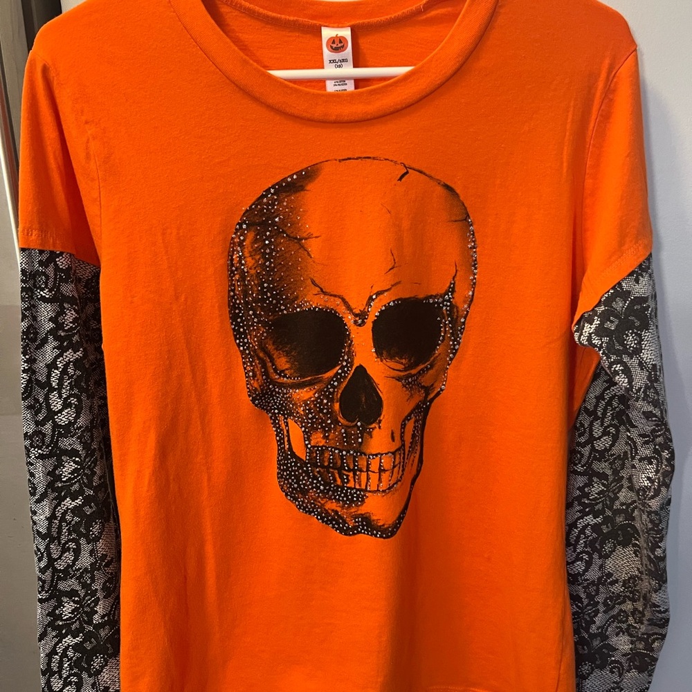 Skull with sparkles Long sleeve T shirt Faux lace‎ arms  Y2k Goth Halloween M/L